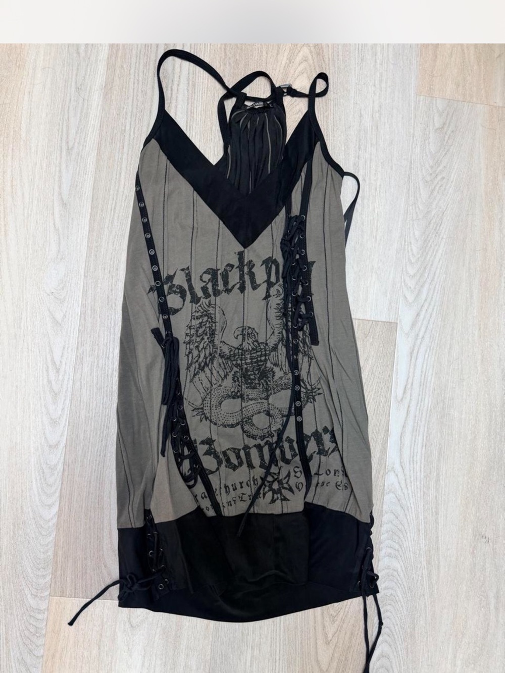 Salvage Black and Olive Graphic Lace-Up Mini Dress